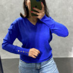 Pull Col V en maille légère Bleu