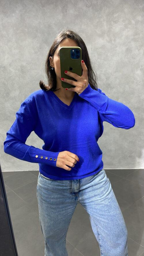 Pull Col V en maille légère Bleu