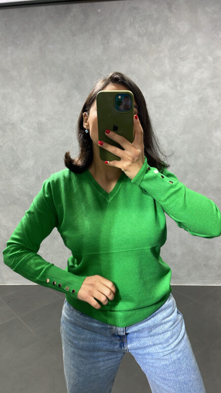 Pull Col V en maille légère Vert